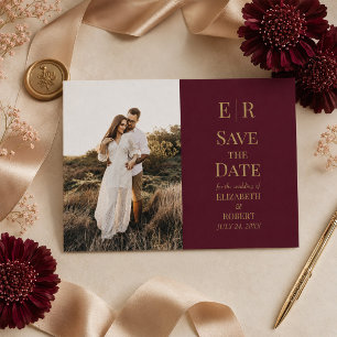 Invitación Elegante Monograma Dorado Burdeos Foto Personaliza