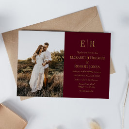Invitación Elegante Monograma Dorado Burdeos Foto Personaliza