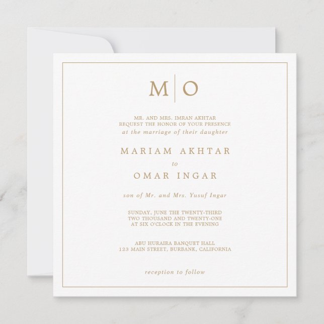 Invitación Elegante Monograma Dorado de Letra Script (Anverso)