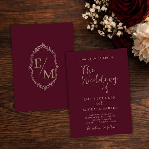 Invitación Elegante Monograma Dorado de Lujo para Boda Borgoñ