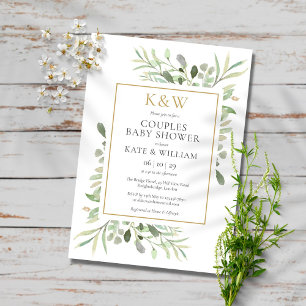 Invitación Elegante Monograma Dorado Parejas de Verdor Baby S