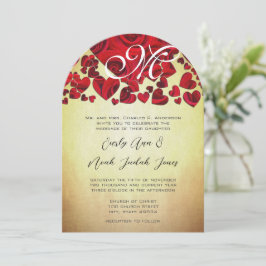 Invitación Elegante Monograma Dorado Romántico Boda Rosa Rojo