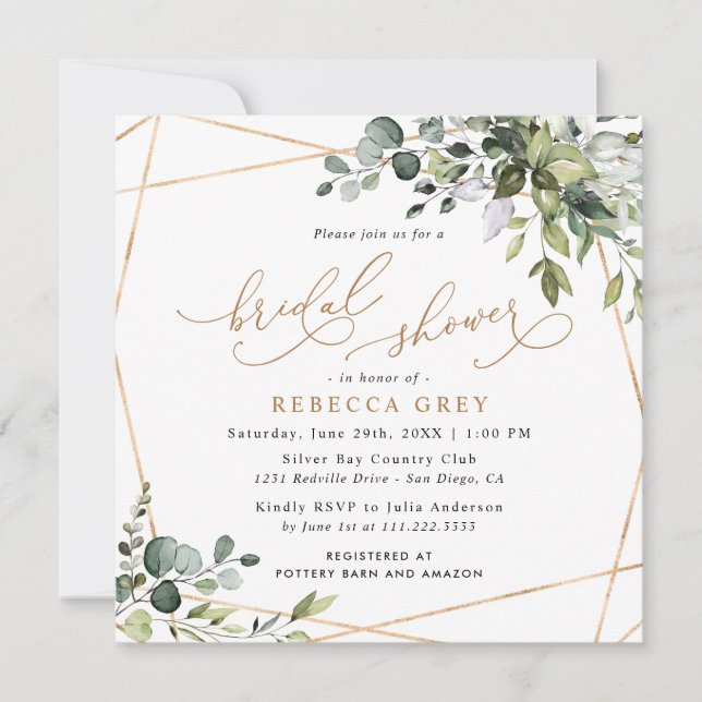 Invitación Elegante Monograma Dorado Verdor Ducha Bridal (Anverso)