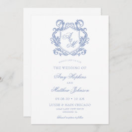 Invitación Elegante Monograma Escudo azul turbio Boda