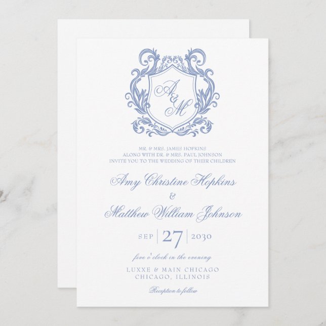 Invitación Elegante Monograma Escudo azul turbio Boda (Anverso / Reverso)