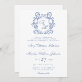 Invitación Elegante Monograma Escudo azul turbio Boda