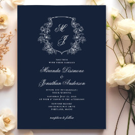 Invitación Elegante Monograma Escudo Boda Azul de la Marina