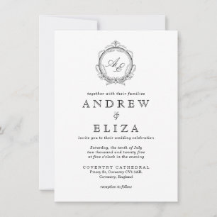 Invitación Elegante Monograma Escudo Boda blanco y negro