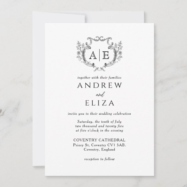 Invitación Elegante Monograma Escudo Boda blanco y negro (Anverso)