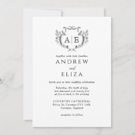 Invitación Elegante Monograma Escudo Boda blanco y negro
