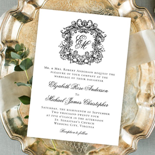 Invitación Elegante Monograma Escudo Boda blanco y negro (Subido por el creador)