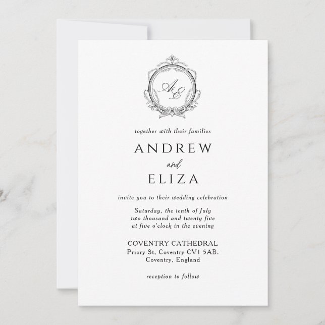 Invitación Elegante Monograma Escudo Boda blanco y negro (Anverso)