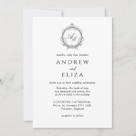 Invitación Elegante Monograma Escudo Boda blanco y negro