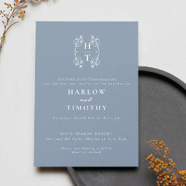 Invitación Elegante Monograma Escudo floral Boda azul turbio