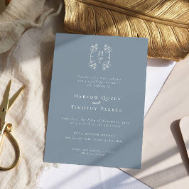 Invitación Elegante Monograma Escudo floral Boda azul turbio
