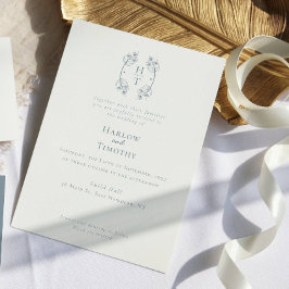 Invitación Elegante Monograma Escudo Floral Dusty Blue Boda I