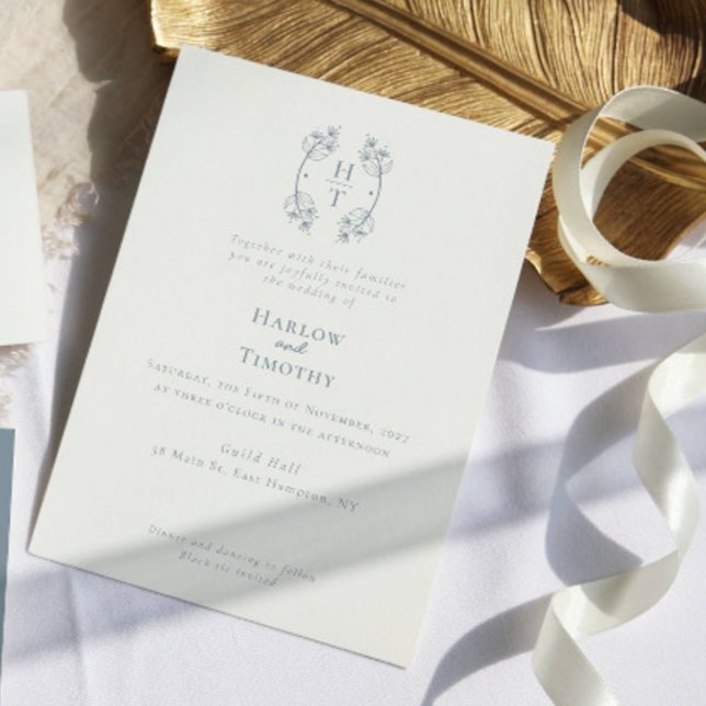 Invitación Elegante Monograma Escudo Floral Dusty Blue Boda I (Subido por el creador)