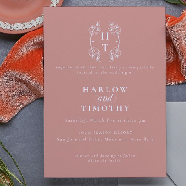 Invitación Elegante Monograma Escudo floral rosa Boda (Elegant Monogram Floral Crest gold rose Wedding Invitation)