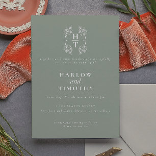 Invitación Elegante Monograma Escudo floral Sage Green Boda