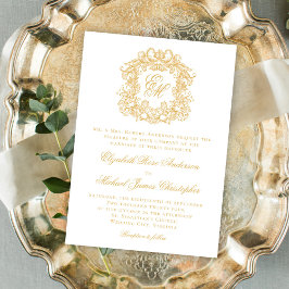 Invitación Elegante Monograma Escudo Script Boda Faux Gold