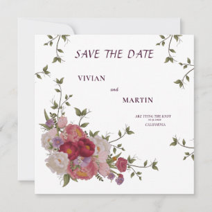 Invitación Elegante Monograma Floral Borgoña Save The Date