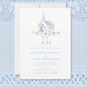 Invitación Elegante Monograma Floral de Iglesia en Acuarela p