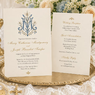 Invitación Elegante Monograma Floral Mariana Católica