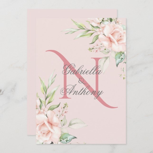 Invitación Elegante Monograma Floral Primer Boda Rosa (Anverso / Reverso)