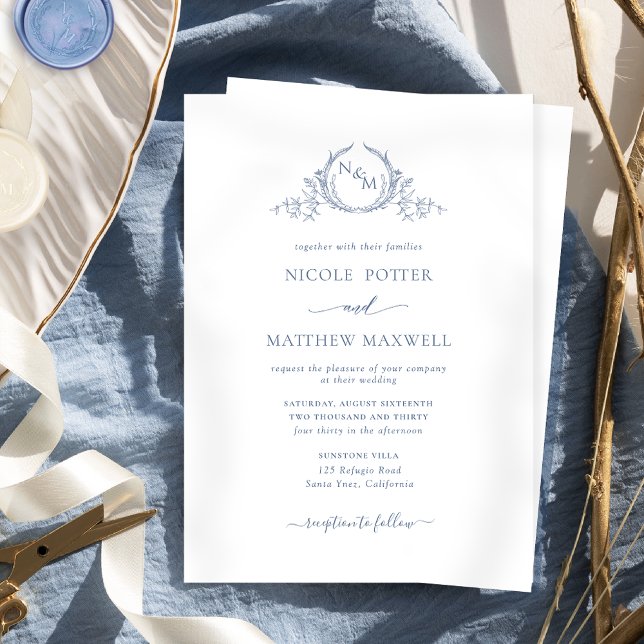 Invitación Elegante Monograma formal Boda azul turbio (Subido por el creador)