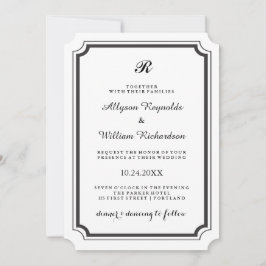 Invitación Elegante Monograma Formal Boda Blanco y Negro