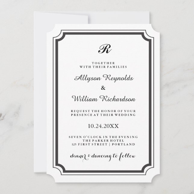 Invitación Elegante Monograma Formal Boda Blanco y Negro (Anverso)