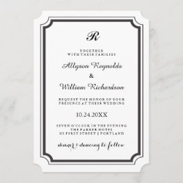 Invitación Elegante Monograma Formal Boda Blanco y Negro