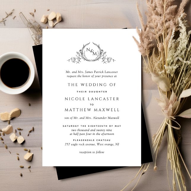 Invitación Elegante Monograma Formal Boda Blanco y Negro (Subido por el creador)