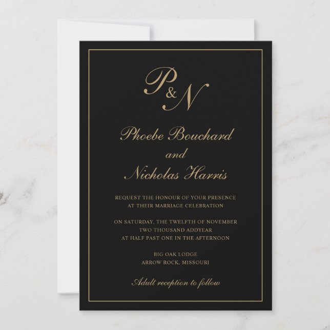 Invitación Elegante Monograma formal Boda negro y oro (Anverso)