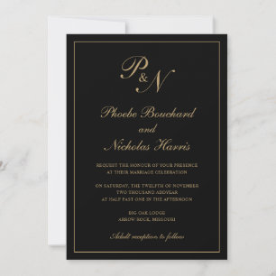 Invitación Elegante Monograma formal Boda negro y oro