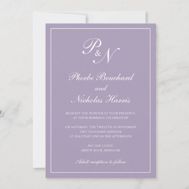 Invitación Elegante Monograma formal Boda púrpura polvoriento (Anverso)
