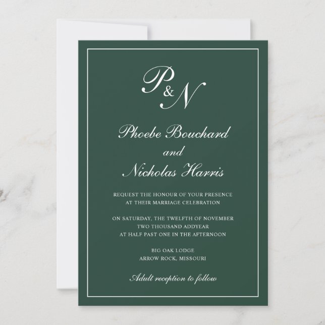 Invitación Elegante Monograma Formal Boda Verde del Bosque (Anverso)