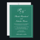 Invitación Elegante Monograma formal Boda verde esmeralda<br><div class="desc">Invitación a una boda verde esmeralda de estilo tradicional con un diseño sencillo y clásico con su monograma inicial y sus nombres en una caligrafía elegante dentro de un delgado borde. Todos los elementos de diseño se pueden cambiar en la herramienta de edición de diseño. Estas elegantes invitaciones nupciales son...</div>