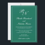 Invitación Elegante Monograma formal Boda verde esmeralda<br><div class="desc">Invitación a una boda verde esmeralda de estilo tradicional con un diseño sencillo y clásico con su monograma inicial y sus nombres en una caligrafía elegante dentro de un delgado borde. Todos los elementos de diseño se pueden cambiar en la herramienta de edición de diseño. Estas elegantes invitaciones nupciales son...</div>