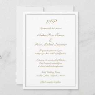 Invitación Elegante Monograma Formal Dorado Todo En Uno Boda
