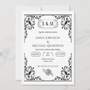 Invitación Elegante Monograma gótico Boda blanco y negro