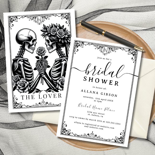Invitación Elegante Monograma Hasta La Muerte Nos Invitan Par (Elegant tarot-inspired bridal shower invitations featuring skeleton lovers.)