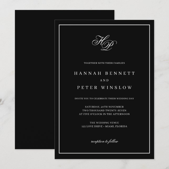 Invitación Elegante Monograma Iniciales Boda de marco negro (Anverso / Reverso)
