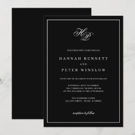 Invitación Elegante Monograma Iniciales Boda de marco negro