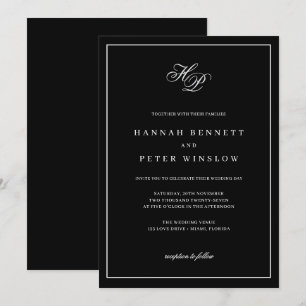 Invitación Elegante Monograma Iniciales Boda de marco negro