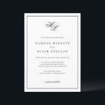 Invitación Elegante Monograma Iniciales Boda de marco negro<br><div class="desc">Esta intemporal invitación a una boda enmarcada en blanco y negro exuda elegancia y sofisticación. En su parte central, un hermoso monograma muestra las iniciales de la pareja con un tipo de letra de escritura flamenca gris claro. La paleta monocromática realza el encanto minimalista de la invitación, permitiendo que los...</div>
