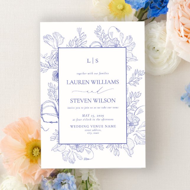 Invitación Elegante Monograma Lavanda Línea Floral Boda de Ar (Subido por el creador)