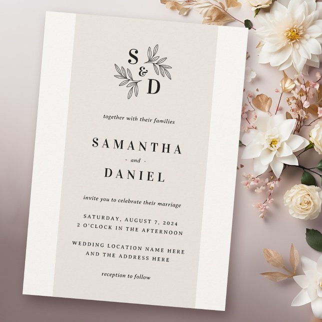 Invitación Elegante monograma luz tan neutra boda de marfil (Elegant monogram light tan neutral ivory wedding invitation)