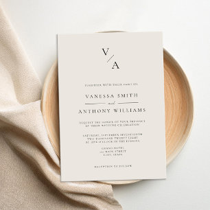 Invitación Elegante Monograma moderno negro y Boda de marfil