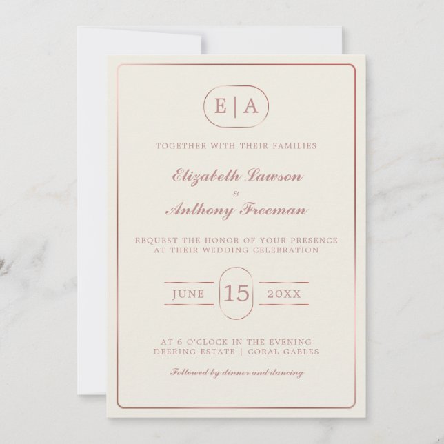 Invitación Elegante Monograma Moderno Rosa Boda de oro (Anverso)